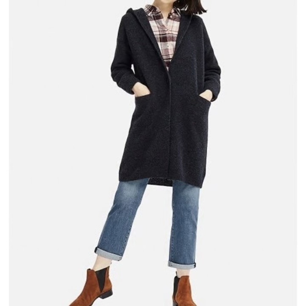 Uniqlo 100% Wool Hooded Longline Cardigan Sweater Dark Purple XS